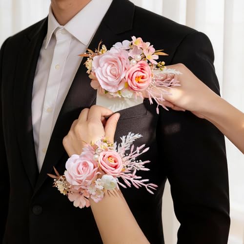 Serwalin 2Pcs Corsage and Boutonniere Set,Pink Rose Corsage Wristlet and Pocket Boutonniere for Prom Wedding Homecoming Anniversary Graduation - color: Pink