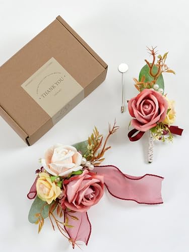 SITUMEIZI 2Pcs Corsage and Boutonniere Set Wrist Corsage Bracelets and Boutonniere for Men Wedding Prom Party Suit Decor (Pinkish Orange) - color: Pinkish Orange