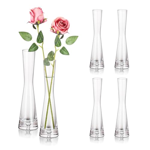 Hewory Glass Bud Vases for Centerpieces Set of 6, Handmade Modern Clear Small Skinny Decorative Single Flower Vase, Minimalist Slim Floral Vase for Home Wedding Party Events Table Decor, 7.87" - size: 7.87in