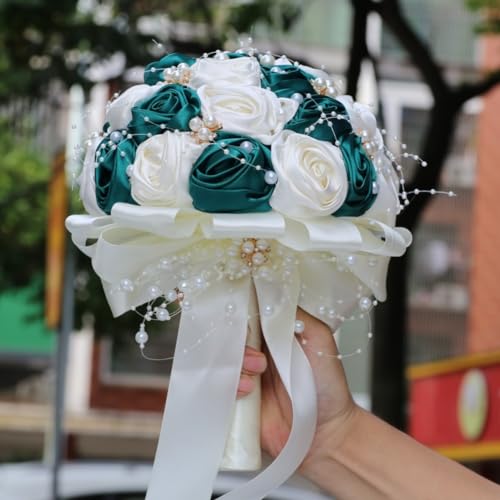 Bridal Wedding Bouquet with Pearl Brooch Bouquet for Bride Bridesmaid Quinceanera Satin Rose Flower Bouquet Wedding Dark Green and Ivory 8.7in - color: Dark Green & Ivory