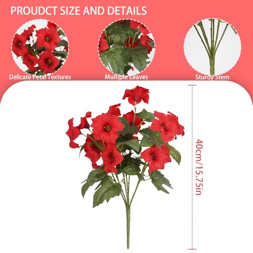 Artificial Flowers for Outdoors, Faux Petunias Spring Summer Decoration, Fake Flowers Plants UV Resistant Look Real Silk Flowers for Outside Planter Front Door Porch Patio Yard (6, Red) - color: Red