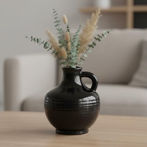 Sunddo Black Ceramic Vases Home Décor- 6 Inch Small Modern Decorative Vase with Handle, Black Decor, Table Mantle Fireplace Living Room Bathroom Wedding Centerpiece - color: Black - 6, size: 6 Inch