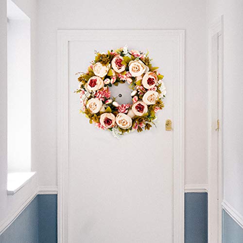 BOMAROLAN Artificial Peony Flower Wreath 19Inch Vintage Blooming Silk Peonies Spring Summer Fall Winter Large Wreaths Flower Green Leaves for Outdoor Front Door Indoor Wedding Wall Or Window Décor - color: Light Pink