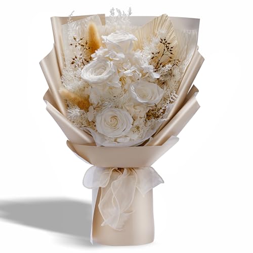Bonsion Preserved Flowers Gifts for Women, Flower for Delivery, White Roses Gifts fo Her, Preserved Roses Bouquets, Birthday Gifts for Grandma, Mothers Day Flowers for Wife - color: White