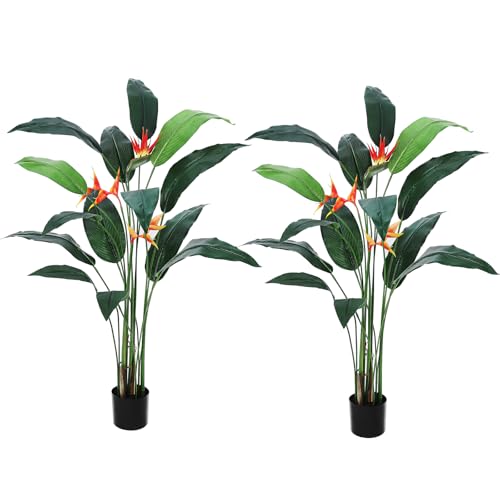 Artificial Bird of Paradise Tree 6 ft(72 in) Fake Palm Tree for Indoor Outdoor Modern Decor Faux Plants for Home Office Perfect Housewarming Gift with 14 Trunks Faux Leaves and 3 Flowers 2 Pack