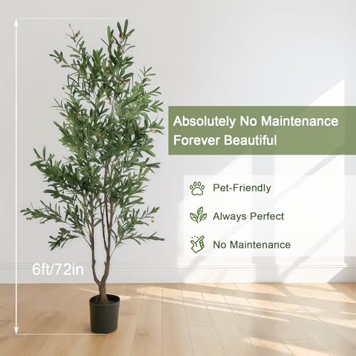 2-Pack Real Touch Faux Olive Tree with 1390 Leaves & 86 Olives, Indoor Potted Fake Plants, Nearly Natural Artificial Plants for Mediterranean Home Decor (Green, 6ft Olive) - size: 6ft Olive
