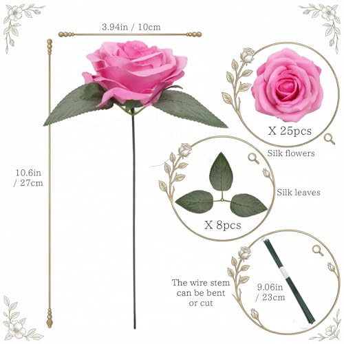 25PCS Pink Roses Artificial Flowers 3.94" Large Silk Roses with Stems Real Look Artificial Roses for Wedding Table Centerpieces Arrangement Home Decor(Pink) - color: Pink