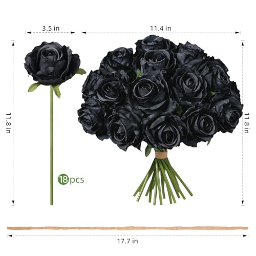 Ivydale 18pcs Black Roses Artificial Flowers, Fake Roses Silk Flowers with Stems Realistic Bouquet for Valentine's Day Wedding Party Home Decoration DIY Centerpiece Floral Romantic Gifts - color: Rose-black