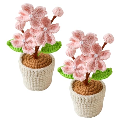 2 Pieces Mini Crochet Cherry Blossoms Potted Plants, Handmade Knitted Fake Cherry Blossom Flower with Planter for Bathroom Home Kitchen Rustic Table Centerpiece Decor, Pink - color: Pink
