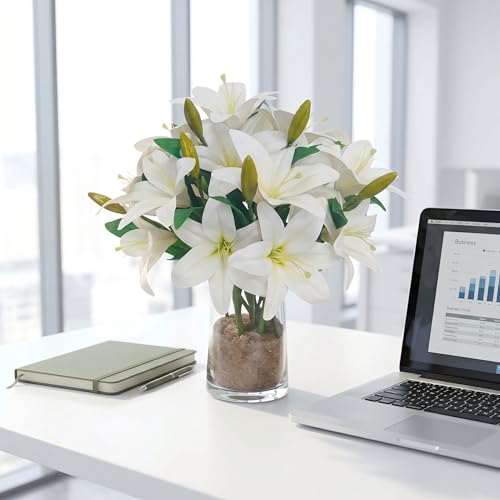 ATFL Artificial Lilies Flowers,9 Pcs Faux Lily Flowers,16''Tiger Lily Branches with 2 Full Blooms and 1 Bud,Faux Fake Lilies Plants for Wedding Bouquet Floral Arrangements (9, White) - color: White
