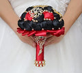 Burgundy and Black Bridal Wedding Bouquet Luxury Gold Rhinestone Brooch Bouquet for Bride Bridesmaid Quinceanera Satin Rose Artificial Flower Bouquet Wedding 7.1in - color: Burgundy & Black, size: Diameter: 7.1 inches