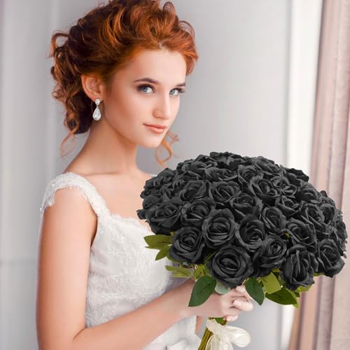 Fanfantoey Black Roses Artificial Flowers Bulk, 52Pcs Fake Roses Flower Arrangement, DIY Silk Flowers Roses Bouquet, Realistic Faux Artificial Roses for Mother's Day Home Table Decor