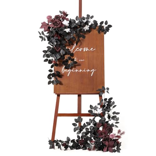 Ling's moment 2pcs Wedding Flowers Garland Artificial Floral Swag Arch Decorations Greenery Arrangements Black & Burgundy Ceremony Reception Garden Easel Wall Entryway Outdoor NOT Include Sign - color: Black & Burgundy