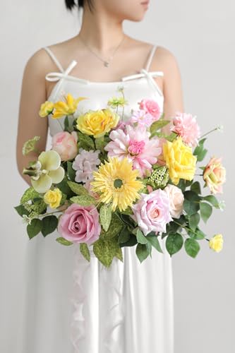rongflower Yellow Pink Artificial Flowers Combo Set Fake Flower Leaf Box with Stemst for DIY Wedding Bridal Bouquet, Centerpieces, Home Decor, Floral Arrangement Decor - color: Yellow Pink