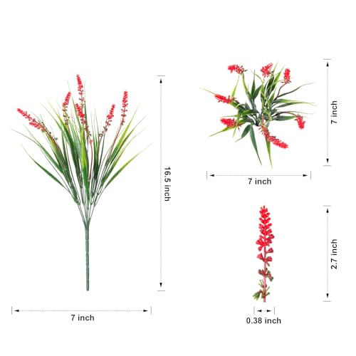 HyeFlora Artificial Fake Flowers Outdoor Plants for Summer Decoration,10 Bundles Faux Plastic Tall Monkey Grass Greenery UV Resistant Realistic Lavender for Home Planter Window Porch Garden-Red - color: Red