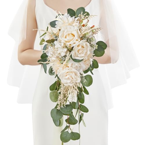 Serwalin 9.8in Wedding Bouquets for Bride, Boho Champagne Roses & Dahlia Flowers for Wedding Decoration - color: Boho Champagne