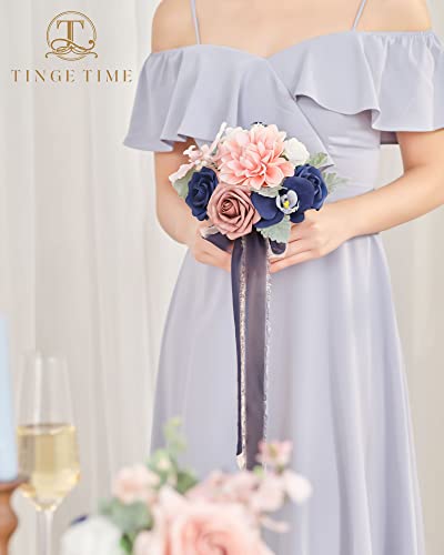 TINGE TIME 7inch Wedding Bouquets for Bridesmaid, Artificial Flowers Cascading Bridal Bouquet for Wedding (Dusty Rose & Navy Blue, Set of 4) - color: Dusty Rose & Navy Blue