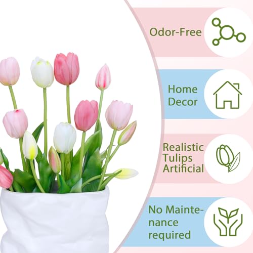 15 Pcs White-Light Pink-Light Purple Artificial Tulips Fake Flowers, Premium Latex Lifelike Texture, UV Resistant Waterproof Faux Tulip Bouquets with Snap-on Petals for Outdoor, Home, Wedding Decor - color: White-light Pink-light Purple