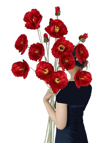 6PCS 41.3in Fake Poppy Flowers Red Artificial Poppies Large Poppy Flowers Long Stem Silk Flowers for Tall Vase Wedding Party Office Decor(Red) - color: Red