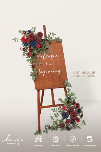 Ling's moment 2pcs Wedding Flowers Garland Artificial Floral Swag Arch Decorations Greenery Arrangements Burgundy & Navy Blue Ceremony Reception Garden Easel Wall Entryway Outdoor NOT Include Sign - color: Burgundy & Navy Blue