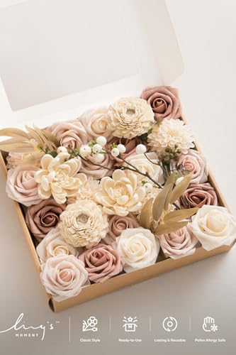 Ling's moment Fake Flowers Box, Faux Artificial Greenery Stems Foam Dahlia Roses Silk Willow Fabic Flower for Centerpieces Bouquet Wedding Vase Decorations, Dusty Rose & Cream & Blush, Grand Combo - color: Pk-dusty Rose & Cream & Blush, size: Grand