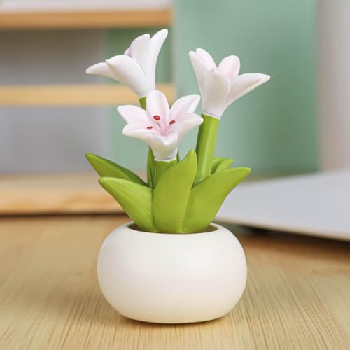 Resin Lily Flower with Pot Mini Artificial Lily Potted Plant Resin Flowers Figurines for Car Dashboard Bathroom Home Office Kitchen Rustic Table Centerpiece Shelf Decor,White - color: Lily