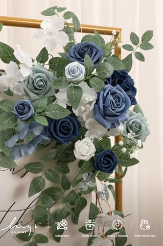 Ling's moment Wedding Artificial Welcome Sign Flowers Swag Arch Floral Garland Decorations Dusty Blue Navy for Ceremony Reception Entrance Entryway Party Banquets Easel Home Outdoor(NOT Include Sign) - color: Dusty Blue & Navy
