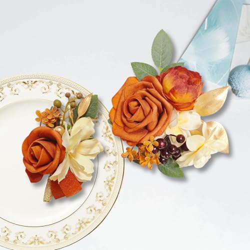 Corsage and Boutonniere Set for Bride Groom Bridesmaids Groomsmen Wedding Prom Homecoming Boutonniere and Corsage Wristlet (Terracotta) - color: Terracotta