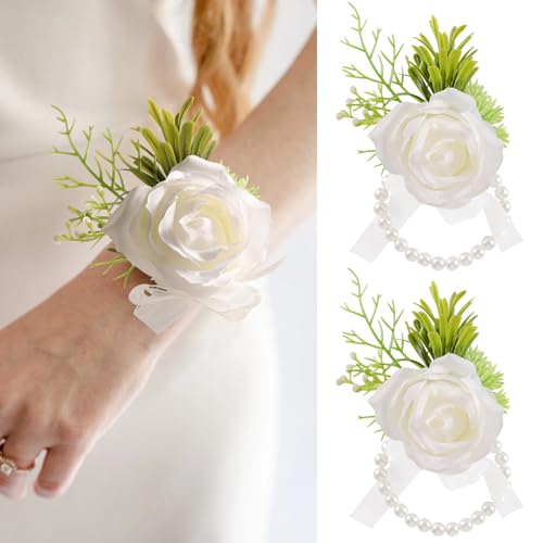 Garisey 2pcs Wedding White Rose Wrist Flowers Artificial Rose Flowers for Ceremony Prom Party Accessories (2 Wrist Corsage White) - color: 2 Wrist Corsage White