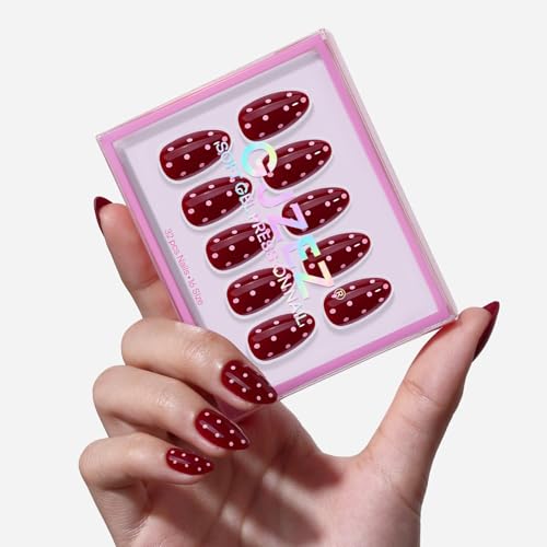 32Pcs Soft Gel Press on Nails for Women, Red Polka Dot, Short Almond | Retro Valentine Red Polka False Fake Nails Press Ons for Christmas Wear, Salon Quality Reusable Glue & Stick on Nail Gift Kit - color: 3F-Red Polka Dot
