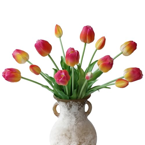 mizii 15Pcs Pink Tulips Artificial Flowers Latex Plastic Real Touch Fake Tulips Flowers Look Real Faux Tulip Flower Bouquet Decoration for Vase Room Table Centerpieces Home Decor (Orange Pink) - color: Orange Pink