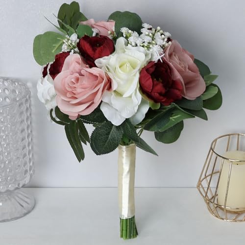11 Inch Dusty Pink & Burgundy Silk Rose & Peony Bridesmaid Bouquets - Realistic & Easy to Arrange - Wedding Decorations - color: Dusty Pink & Burgundy
