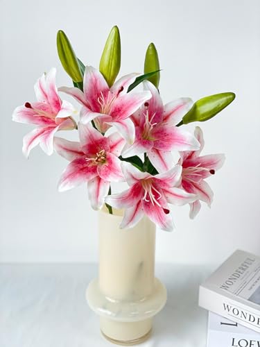 YalzoneMet 2 Pcs Pink Stargazer Lily Artificial Flowers for Decoration, 28 inch Long Stems Real Touch Latex Fake Flowers, Faux Silk Easter Lily for Spring Indoor Home Office Wedding Table Centerpiece - color: Pink
