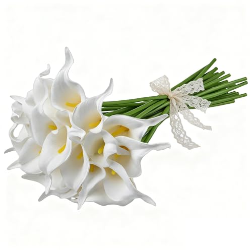 Calla Lily Bridal Wedding Festival Decor Bouquet Real Touch Latex Flower Bouquet Pack of 20 (Yellow-White) - color: White