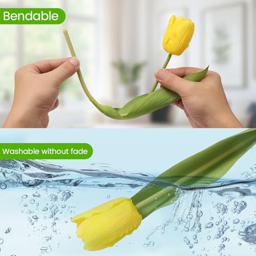 Artificial Tulips - 20 Stems Real Touch Realistic Fake Tulip Flowers Premium Silk Feel UV-Resistant Anti-Fade Waterproof Lifelike Tulips for Home Decor, Wedding Party DIY (Yellow & Orange) - color: Yellow & Orange