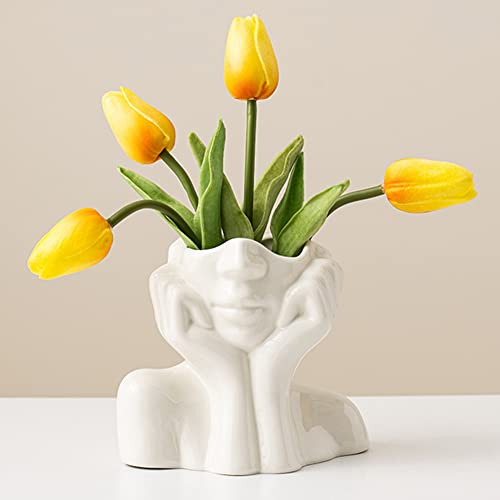 Ceramic Face Vase, White Flower Vases for Decor Female Form Head Half Body Vase Boho Unique Decorative Modern Style for Home Living Room Office Book Shelf (Medium) - color: A(medium)