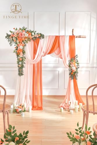 TINGE TIME Wedding Arch Flowers Kit - Deluxe 5pcs Artificial Floral Swag with 3 Sheer Drapes, Realistic Silk Flower Arrangements for Wedding Ceremony Arbor Backdrop Reception Party Home Decor - color: Coral Pink & Champagne