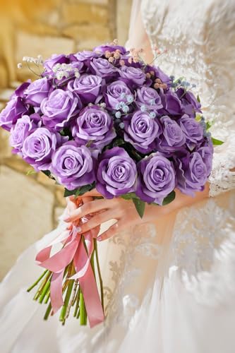 Luyue 10PCS Artificial Roses Flower with Stems Slik Fake Flowers Bouquet Realistic Long Stem Faux Rose for Valentines Day Wedding Home Decor - color: Light Purple