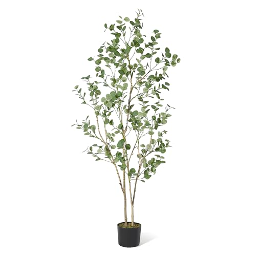 GarveeHome 5ft Artificial Eucalyptus Tree, Tall Faux Eucalyptus Plant with Silver Dollar Leaves, Indoor Fake Tree in Black Plastic Pot for Home, Office, Living Room, Modern Decor - size: 5ft