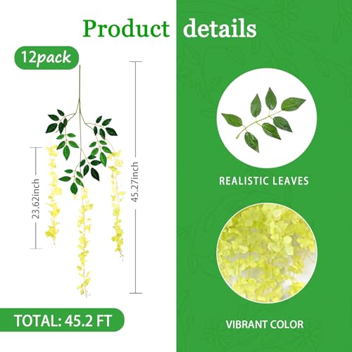 12 Pack Green Wisteria Hanging Flowers Garland, 3.77 Feet Artificial Flower Vines, Fake Wisteria, Artificial Vines Hanging Garland for Backdrop Outdoor Yard Garden Decor - color: Green, size: 12 PCS