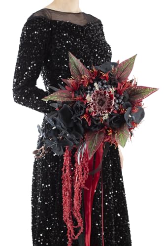 12 Inch Cascade Wedding Bouquets for Bride, Black & Burgundy Cascading Bridal Bouquet for Wedding Silk Artificial Flowers - color: Black & Burgundy