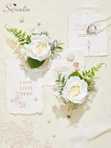 Serwalin White Corsage and Boutonniere Set, Artificial Silk Rose Wrist Corsage Wristlet and Boutonniere Set for Prom, Homecoming, Wedding, Anniversary Party Prom Suit Dress Flower Accessories - color: Ivory White, size: 1 Boutonniere & 1 Wrist Corsage - 2