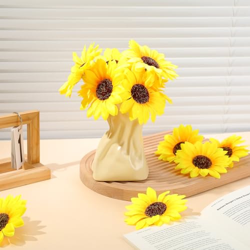 60 Pcs Artificial Sunflowers with Stems - 4 Inches Realistic Silk Fabric Flowers for Home Decor, Wedding, Centerpieces & Crafts Thanksgiving Decorations – Bright Yellow Fake Flowers