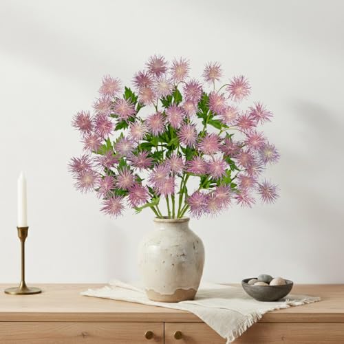 Hollyone 9 Heads Purple Dandelion Artificial Flowers 5Pcs Faux Dandelions Flowers Bush Arrangement Bouquets Fake Ball Mums Flower Stem for Indoor Home Decor Table Office Party Wedding Decoration - color: Purple