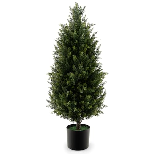 Goplus 3FT Artificial Topiary Cedar Tree, Faux Potted Plants Artificial Cypress Tree with Cement Plastic Pot, Fake Evergreen Artificial Topiary for Indoor Outdoor Home Front Porch Decor - size: 3ft 2in