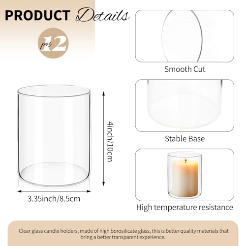12Pack Glass Cylinder Vases for Centerpieces - 4 Inch Small Flower Vase for Wedding Decorations, Floating Candle Holder Vase Bulk,Glass Hurricane Candle Holders for Table Shelf, Party, Home Decor - size: 3.35×4inch