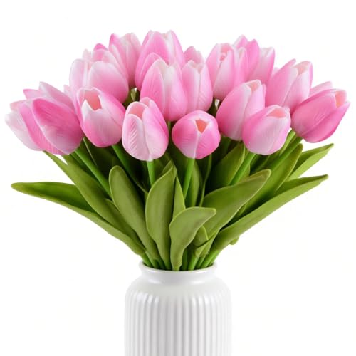 Artificial Tulips Bridal Wedding Festival Decor Bouquet Real Touch PU Flower Bouquet Pack of 20 (Pink) - color: Pink