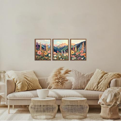 Boho Flower Landscape Wall Art Set of 3, Mountain Wildflower Nature Canvas Prints, Rustic Colorful Daisy Floral Wall Decor for Living Room Bedroom Office Farmhouse Home Decor 24x16In Wood Framed - color: Colorful daisies, size: 24L" x 16W"