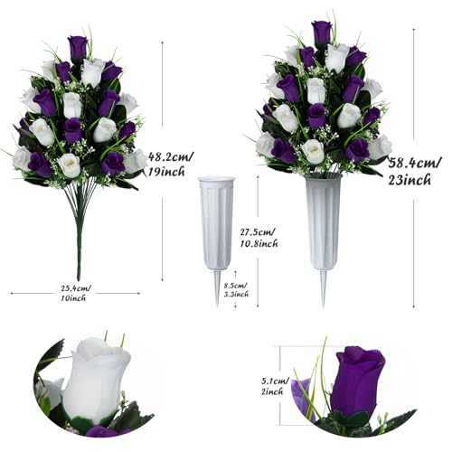 Artificial Cemetery Flowers - Set of 2 Grave Memorial Rose Flowers with Vase for Cemetery Headstones Gravesites Decoration (Purple & White) - color: Purple & White