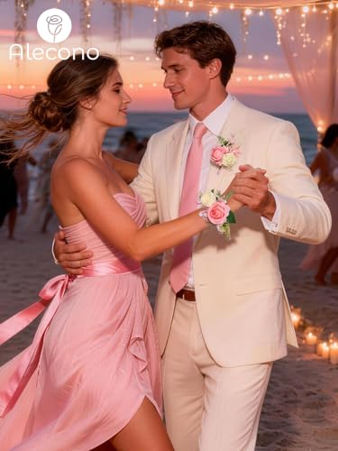 Alecono Pink Corsage and Boutonniere Set, Corsages for Bride Bridesmaid Groom Bridegroom, Artificial Flowers for Prom Graduation Ceremony Anniversary - color: Pink, size: Corsage and Boutonniere Set
